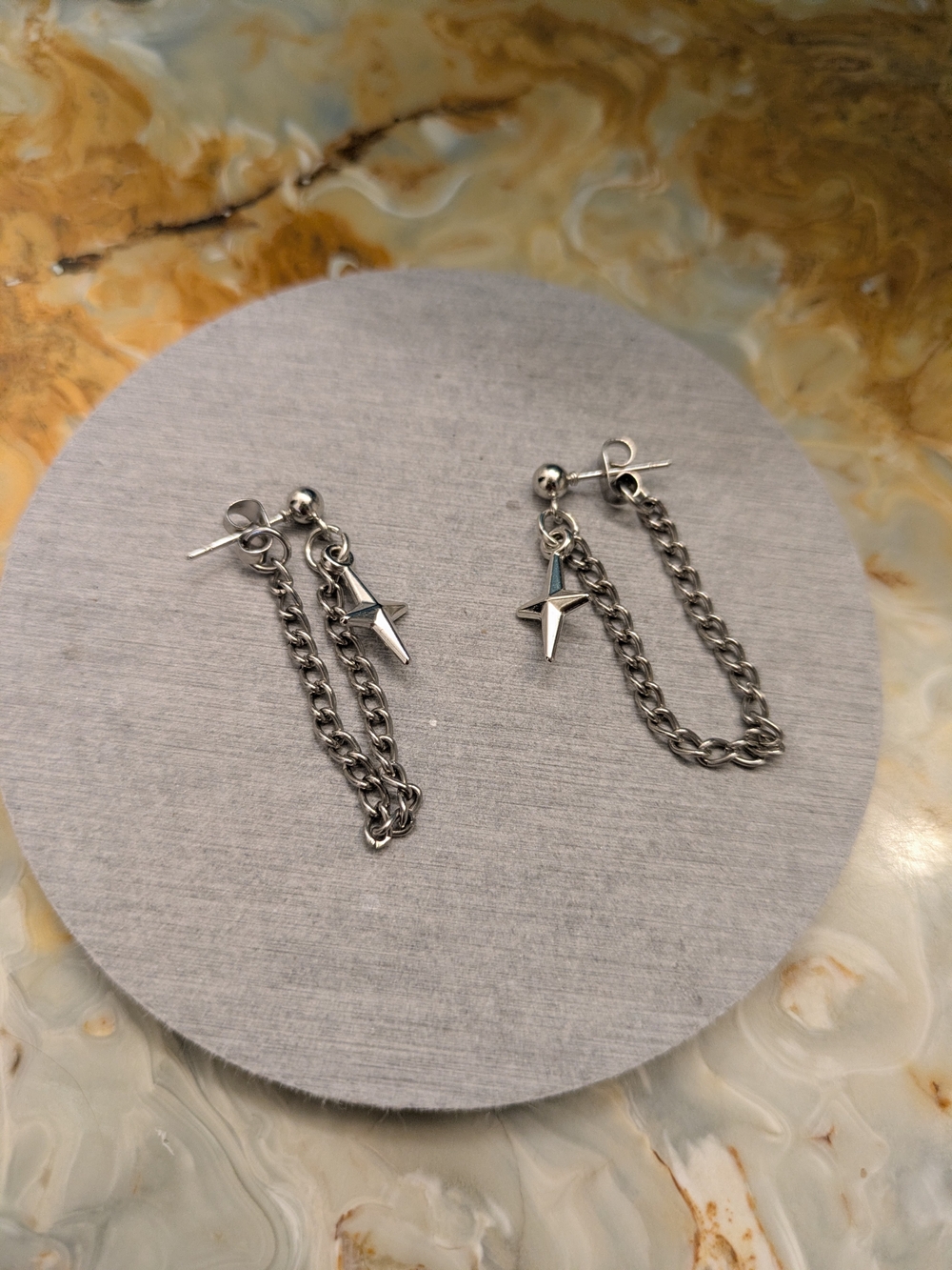 Star Metal Silver Chain Drop Star Earrings